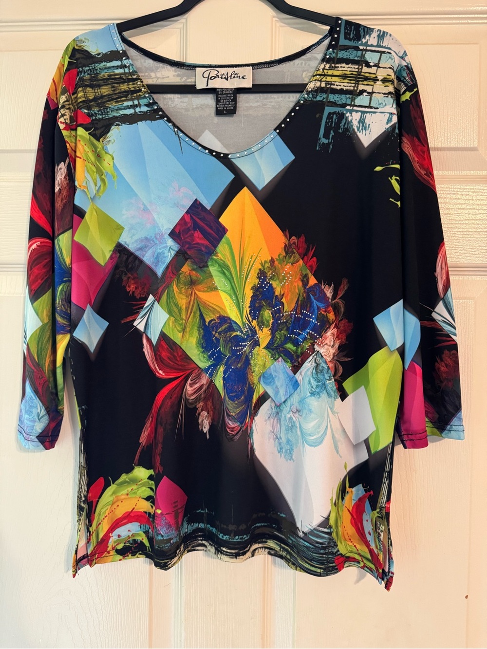 Paris line Print V-Neck Women's Top by - Multicolor Floral Geometric